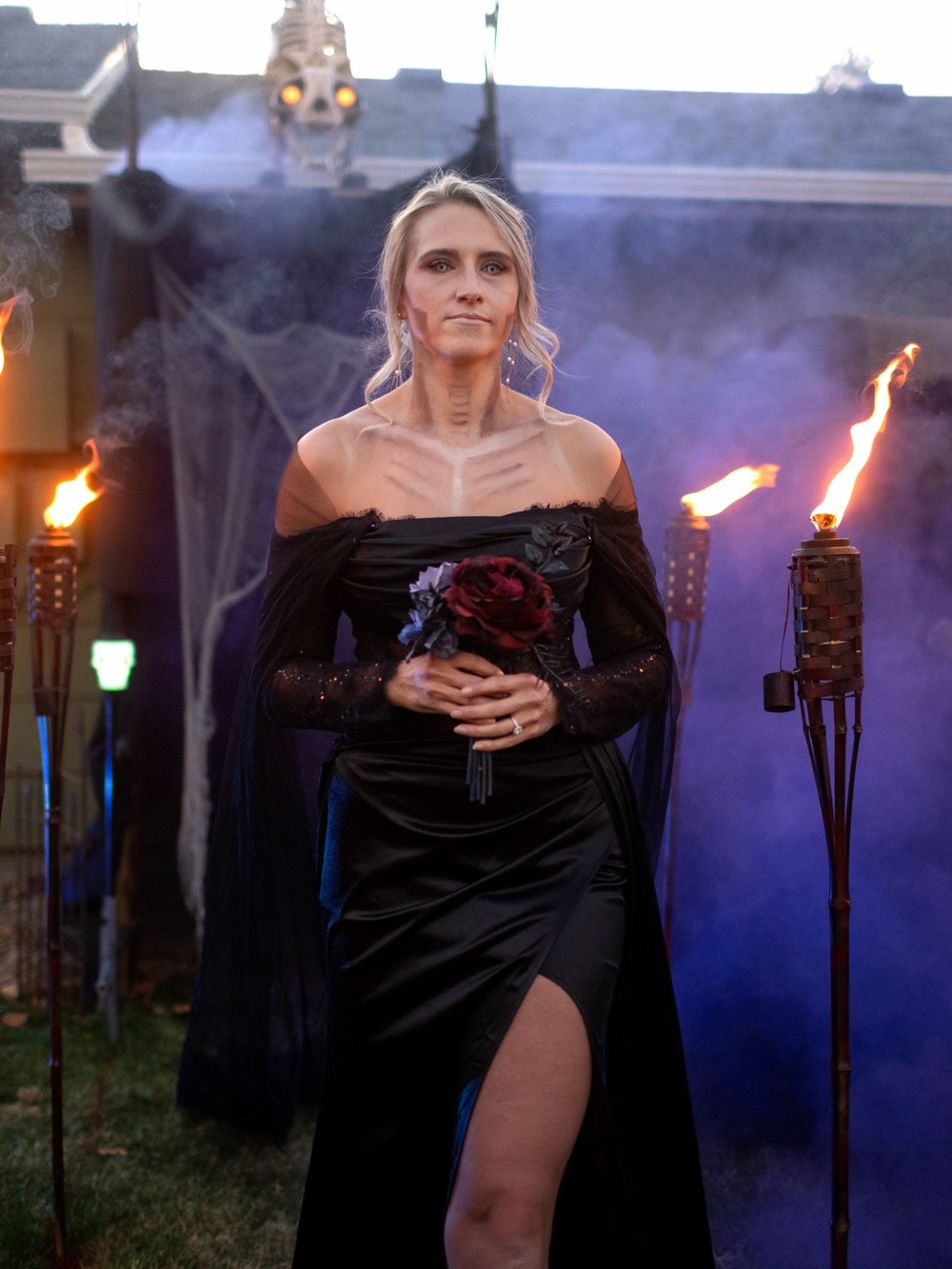 Off-Shoulder Black Gothic Evening Gown with Thigh Slit